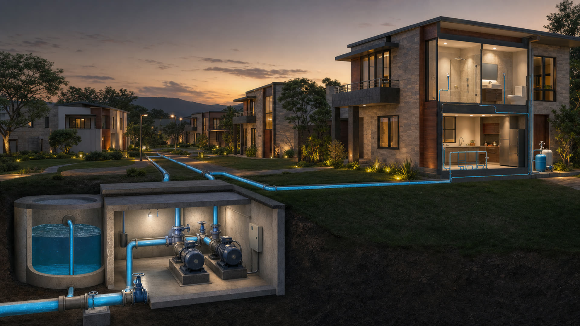Sistema residencial con cisterna, bombas centrífugas y distribución de agua hacia viviendas